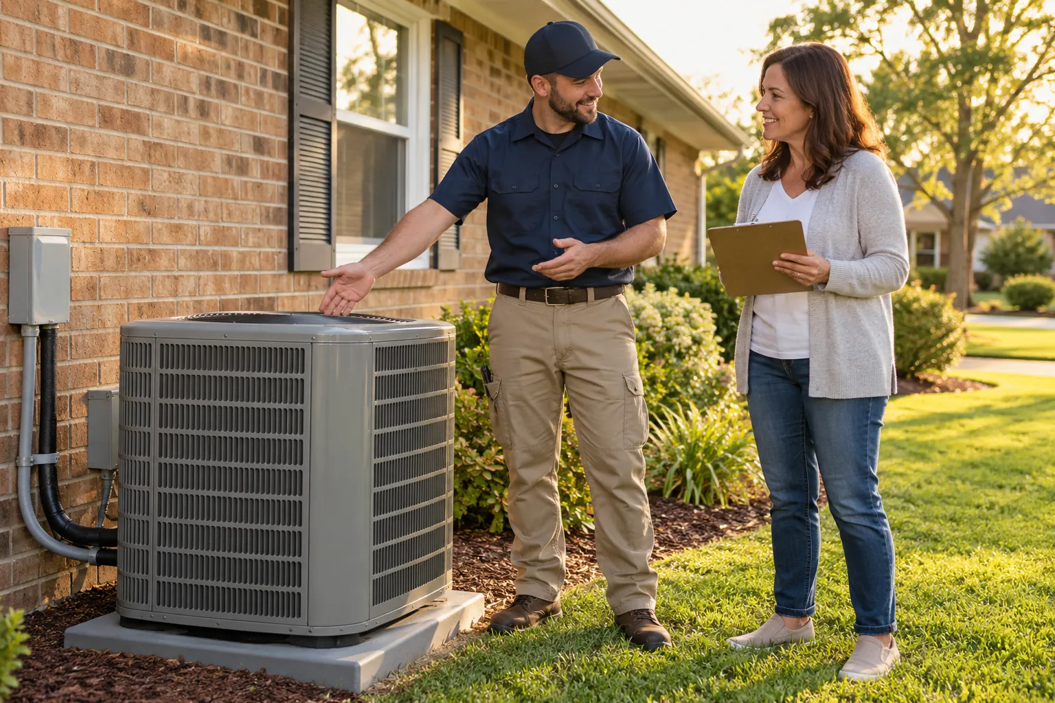 Provider and homeowner reviewing a new outdoor air conditioner beside a house in the Raymore area
