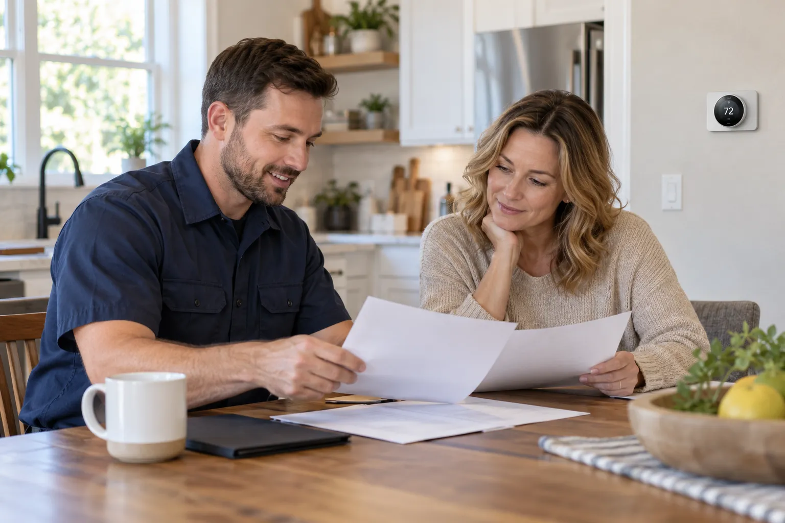 Provider explaining a written quote at a kitchen table in the Raymore area
