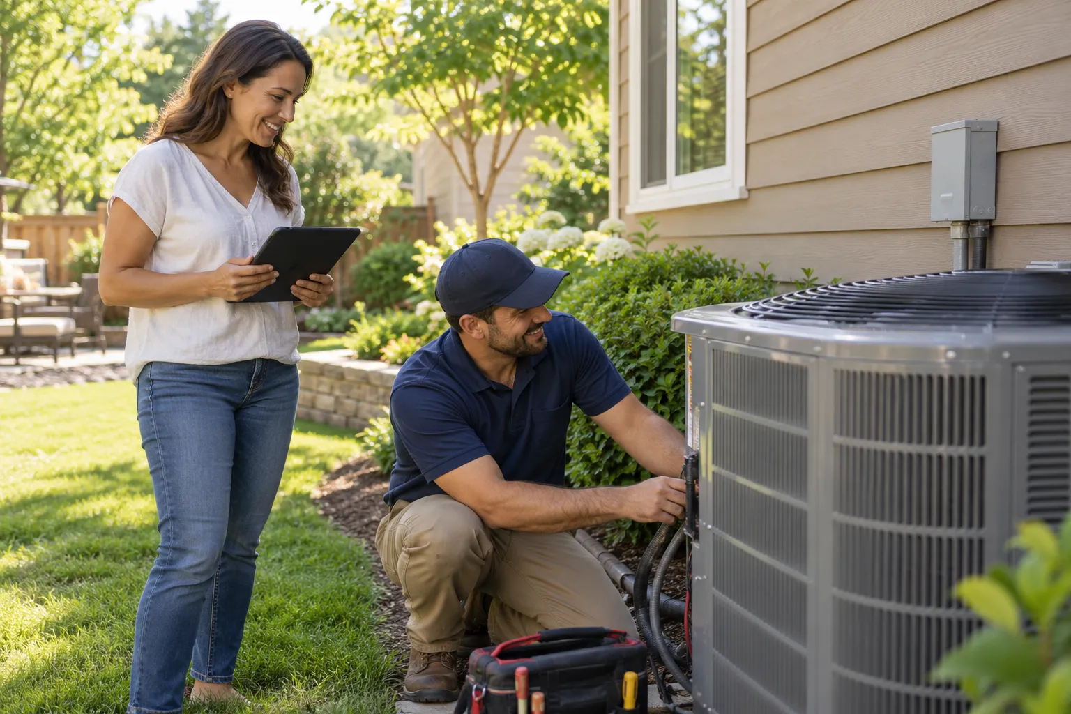 Homeowner checking a thermostat while an HVAC provider inspects the outdoor AC unit near Raymore
