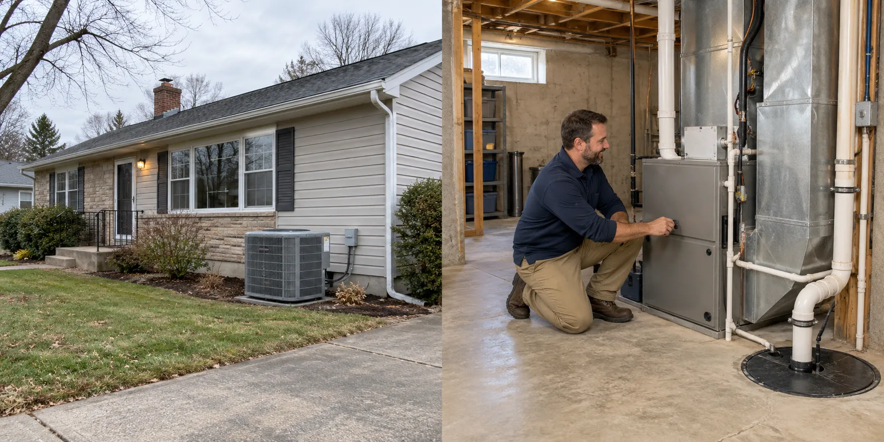 Bungalow home with an outdoor AC unit and a furnace inside in Raymore